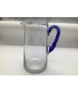 Vintage Cobalt Blue Handle Mexican Hand Blown Glass Water Pitcher - $21.78