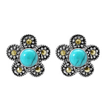 Adorable Flowers Blue Turquoise and Marcasite Sterling Silver Earrings - £12.65 GBP