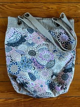 Bongo Gray Purple &amp; Blue Floral Canvas Tote Bag w Snap Closure – 16 x 14... - £11.71 GBP