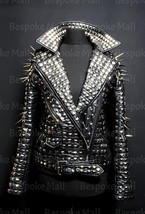New Woman&#39;s Black Full Silver Long Spiked Studded Punk Rock Leather Jacket-562 - £503.49 GBP