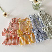Bow Pleated Plaid Dog Skirt, Puppy Cat Dress, Princess Style Pet Clothes - £12.57 GBP