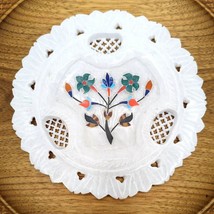 8&quot; Marble Round Serving Plate Semi Precious Marquetry Filigree Work Art - $198.91