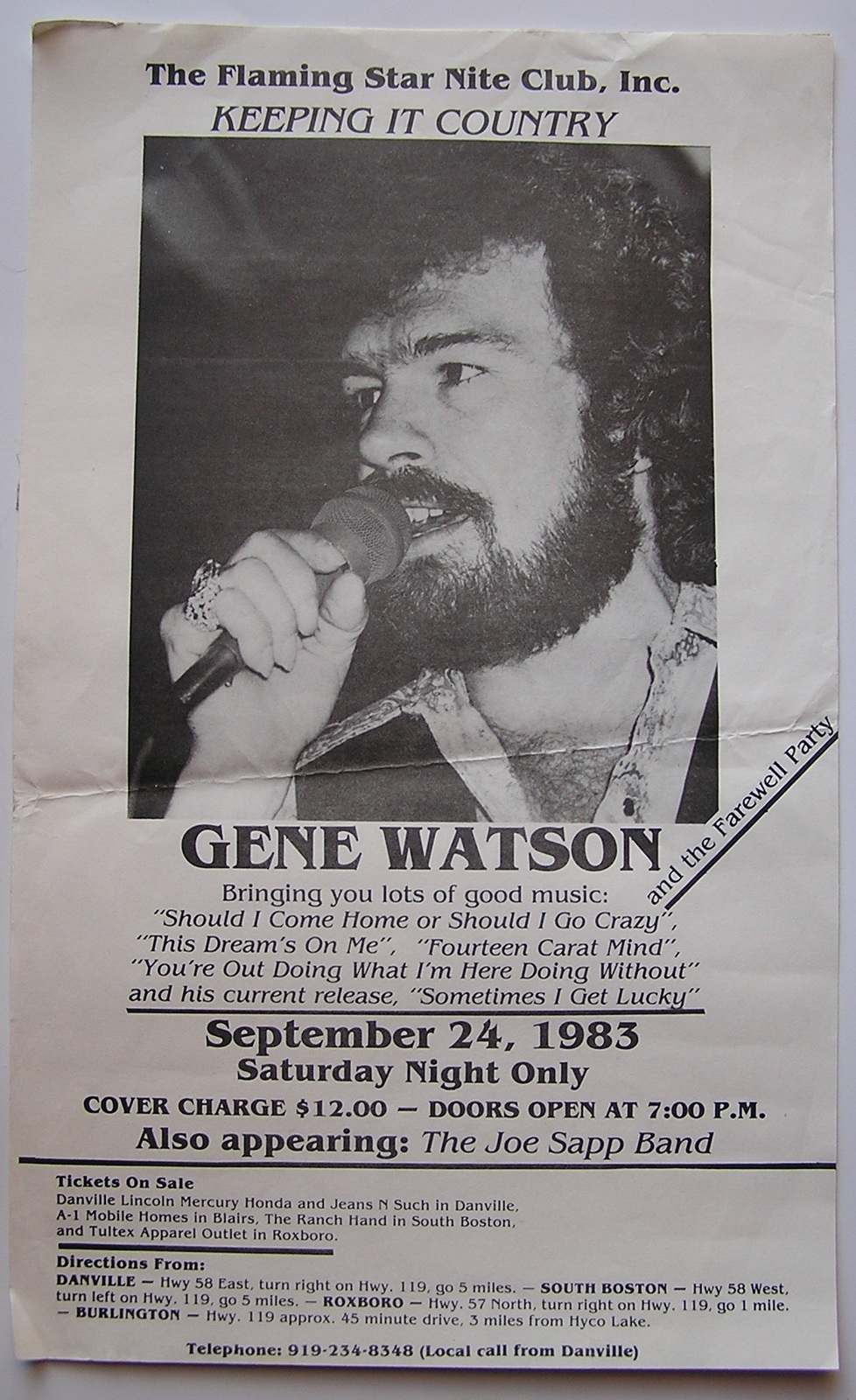 Gene Watson Flyer 1983 Flaming Star Nite Club + lp cover N. Carolina 11*... - $24.95