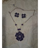 NECKLACE &amp; EARRING SET Bright Silver Toned Chain Purple Flower/Rhinestones - $15.86 CAD