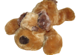 Goffa int'l stuffed plush brown puppy dog lying down patch eye neck ribbon bow - $14.84