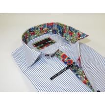 Men's Axxess Turkey Shirt Cotton High Collar 224-11 French Cuffs Blue Stripe image 3