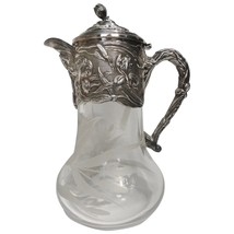 Art Nouveau Style Repousse Iris Silverplate Etched Glass Water Pitcher Jug - £226.49 GBP