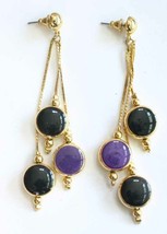 Elegant Black &amp; Purple Gold-tone Chain Drop Long Pierced Earrings 1980s 3 3/8&quot; - £9.63 GBP