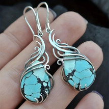 Scrolled Turquoise Stone Teardrop Dangle Earrings Silver - $13.24