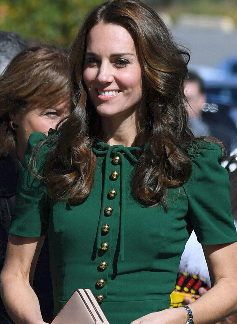 Kate Middleton Inspired Gold Button Front Silk Green Midi Sheath Dress Item image 3