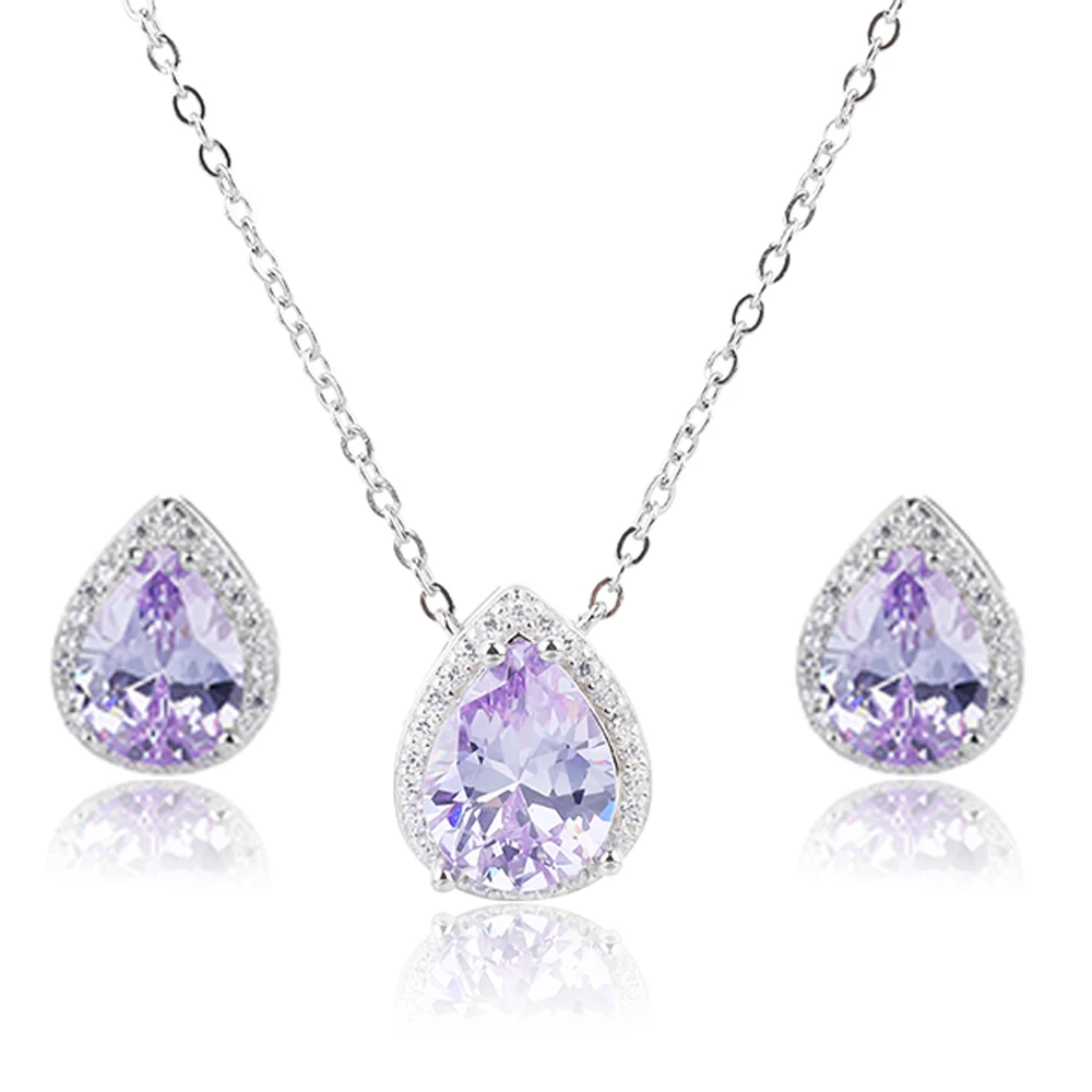 Purple Crystal Necklace Stud Earrings Jewelry Set 925 Sterling Silver Zirconia P - £40.58 GBP