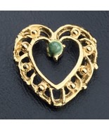 Heart Pin Vintage Brooch Green Stone Gold Tone - £10.20 GBP