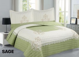 JUANA FLOWERS SAGE GREEN COLOR EMBROIDERY BEDSPREAD SET 3PC CALIFORNIA K... - £48.19 GBP