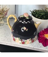 MARY ENGLEBREIT TEAPOT  6 1&#39;2&quot; BY 8 1&#39;2&quot; BLACK With Colored FLOWERS  Rar... - $44.54