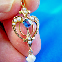 Earth mined Sapphire and Pearl Deco Pendant Antique Victorian Necklaces 14k Gold - £1,713.12 GBP