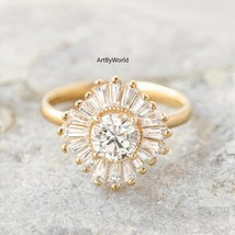 14K Yellow Gold Anniversary Ring Round Starburst Engagement Ring Baguette Halo - £132.21 GBP