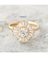 14K Yellow Gold Anniversary Ring Round Starburst Engagement Ring Baguett... - $225.67 CAD