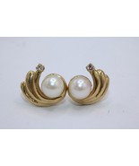 Fine 14K Yellow Gold Swirl Design 6mm Pearl Stud Diamond Earrings 3.3 grams - $319.22 CAD