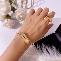 Chic African Cubic Zirconia Geometric Open Cuff Gold Wedding Bracelet Bangle and - $94.93