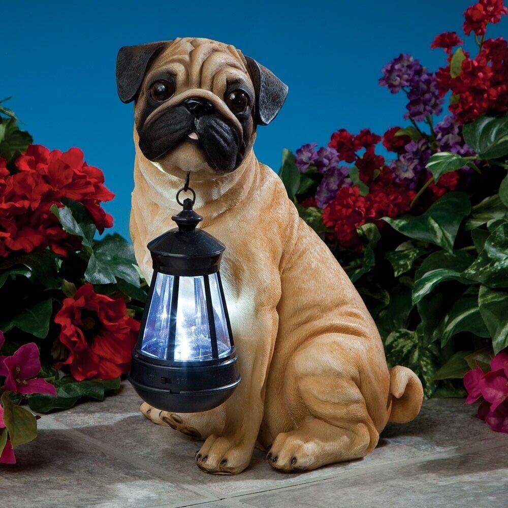 Primary image for Realistic Fawn Pug Puppy Dog Garden Sculpture Holding Solar LED Lighted Lantern