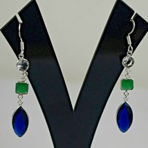 925 Sterling Silver Handmade Blue Glass &amp; Onyx Long Earrings Women Gift BES1474 - £18.16 GBP