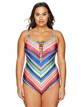 NWT BECCA 1X (16-18) plus size striped plunging Swimsuit ladder front 1 piece  - £62.22 GBP