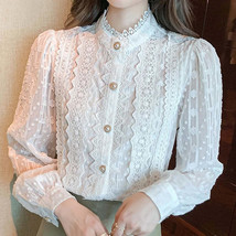 Women Vintage Mock Neck Button Down Shirt Long Sleeve Lace Blouse Top_ - $29.00