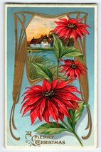 Merry Christmas Postcard Cottage Poinsettias Embossed Series 224-6 Vintage - £5.78 GBP