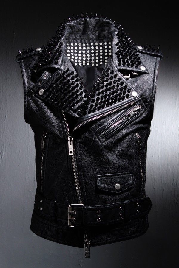 Men's Full Black Metal Spike Punk Studded Genuine Leather Belted Straps Vest