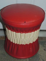 Round Footstool 16&quot; Red &amp; White Naugahyde Vinyl Mid Century Retro Ottoma... - $53.99