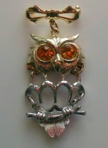 Vintage Two-tone Hinged Bow/OWL Brooch Topaz Color Rhinestone Eyes - £11.60 GBP