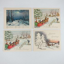 Vintage Sample Christmas Cards Lot 4 Snowy Scenes Sledding House Night U... - £11.72 GBP