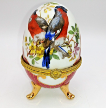 Porcelain Footed Egg Shaped 3.5&quot; tall Hinged Trinket Box Birds Flowers Nature - £14.78 GBP