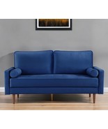 69&quot; Blue Velvet Sofa And Toss Pillows With Dark Brown Legs - $13,195.38 MXN