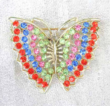 Fabulous Gold-tone Multi-color Rhinestone Butterfly Brooch 1960s vintage 2 1/4&quot; - £11.95 GBP