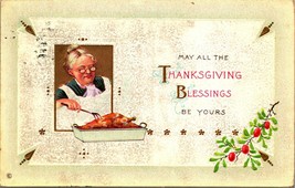 Old Woman Granny Cooking Turkey Thanksgiving Blessings Embossed 1910s Postcard - £2.33 GBP