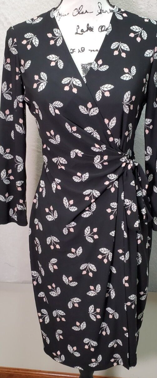 Primary image for Anne Klien Dress Women's Size 4 Black Floral Long Sleeve Wrap V Neck Drawstring
