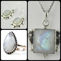 925 Silver Handmade Rainbow Moonstone Pendant Drop Earrings Ring 3 Pc Combo Set - £81.40 GBP