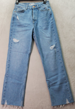 Zara Mom Jeans Women Size 2 Blue Denim Pocket Distressed Straight Leg Button Fly - £18.12 GBP