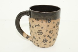 Dog Lovers Mug Dark Brown Tan Paw Print Bones Handmade Pottery Stoneware Mug Cup - £12.53 GBP