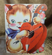 Vintage 1930s Valentines Kitty Playing Heart Shaped Violin Greeting Card... - $13.69