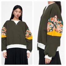 Zara Women s SZ Small Olive Green Colorblock Floral Sweatshirt - £8.54 GBP