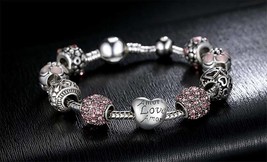 18K White Gold Plated Pink Crystal Love Heart CZ Charm Bracelet For Women - £9.61 GBP