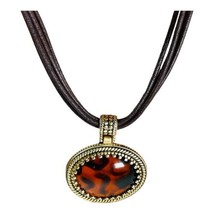 Silver Tone Resin Pendant Necklace on Cord Brown Oval 16&quot; - £8.88 GBP