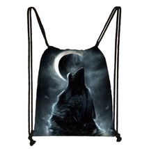 Cool Howling Wolf Print Drawstring Bag Women Backpacks for Travelling Softback C - £48.52 GBP