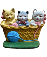 Vintage Cast Iron Door Stop Three Kittens In Knitting Basket Hand Painted - $27.34 CAD