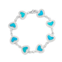 Sterling Silver  Heart Blue Inlay Opal with Micro Pave CZ Border Bracelet - £144.54 GBP