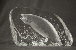 Vintage Swedish Art Glass Crystal Paperweight MATS JONASSON Running Salmon Fish - £76.24 GBP