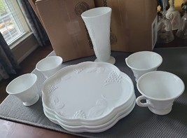 Vintage Indiana Harvest Grape Milk Glass Lunch Plates Cups, Set of 4 ea. &amp; Vase. - £44.71 GBP