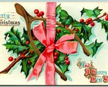 Agrifoglio Mazzo Rosa Fiocco Merry Christmas Winsch Dietro Goffrato DB C... - $7.12